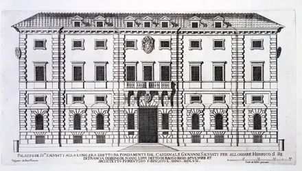 ジョヴァンニサルビアーティ枢機卿からフランス国王ヘンリーの家の建設を依頼され、1557年にナンニディバッキオビジオ（dc1568）によって設計されたローマのパラッツォサルビアーティの正面の眺め